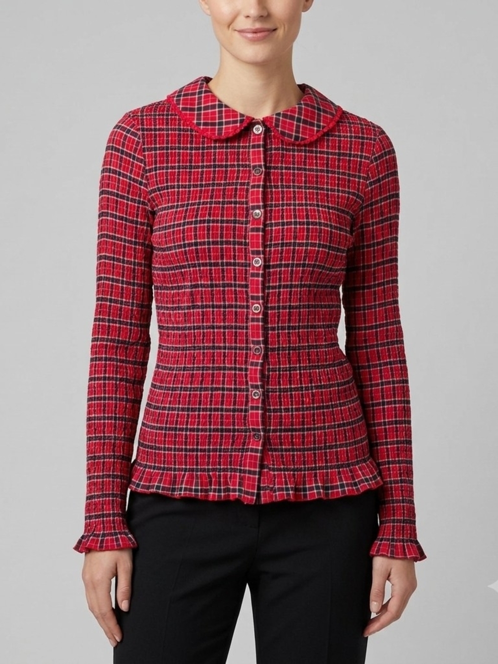Free People Red Plaid Button-Front Peter Pan Collar Blouse